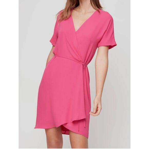 Aritzia Babaton Coral Wallace Short Sleeve Wrap Mini Dress Small V-Neck Lined - Picture 2 of 11